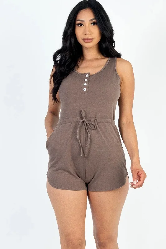 New Arrival Sleeveless Drawstring Waist Button Tank Romper