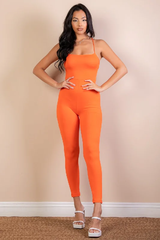 Take Advantage Open Back Bodycon Jumpsuit with Crossed Straps