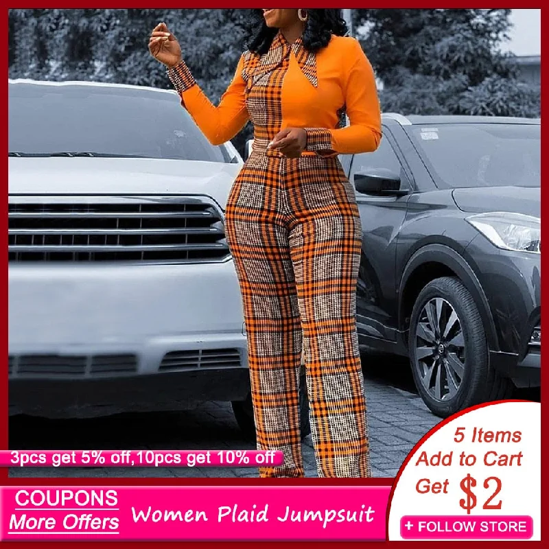 Don't Wait Long Sleeve Plaid Jumpsuit Women Office Ladies Spring Autumn