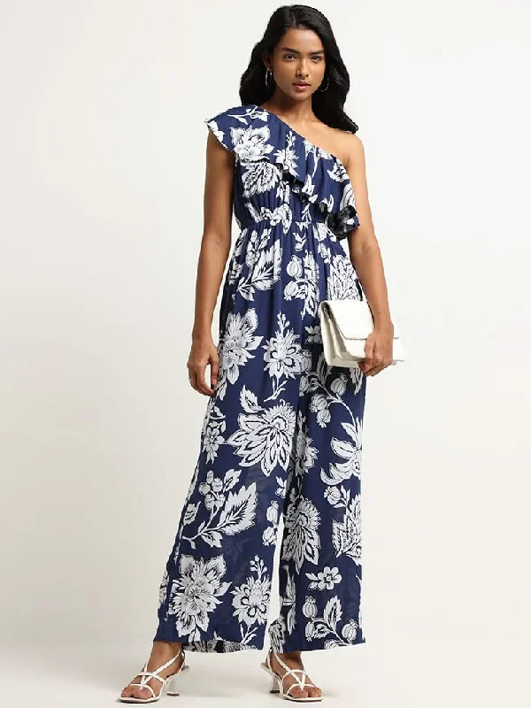 Crazy Deals LOV Navy Floral One-Shoulder Jumpsuit